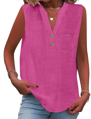 Onsoyours Camicia Donna Estiva in Cotone e Lino Senza Maniche Elegante Blusa Scollo a V Casual Canotta Top A Fucsia XL
