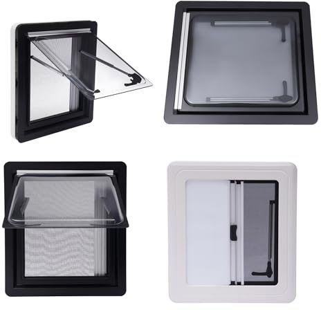 450x500mm Wohnmobilfenster Ausstellfenster Externes Push-Fenster - Aluminium Einstellfenster mit integriertem Rollo & Fliegengitter, 70° Öffnungswinkel für Kastenwagen/Camper/Wohnwagen (Schwarz/Weiß)