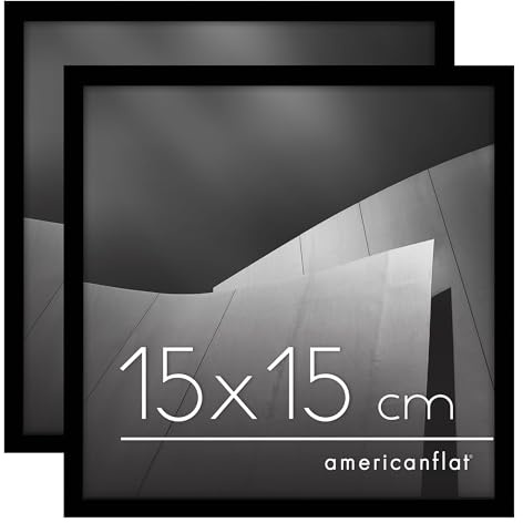 Americanflat Bilderrahmen 15x15 cm (2er Pack) - Bilderrahmen quadratisch 15x15 cm mit bruchsicherer Scheibe - inklusive Ständer und integrierter Aufhängung - Schwarz