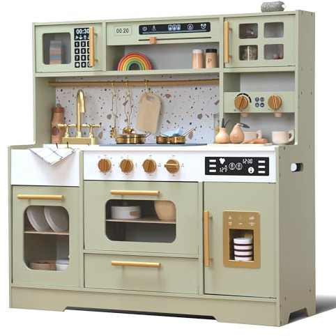 Kids Wooden Play Kitchen Set – Realistic Pretend Play Kitchen with Stove, Sink, Coffee Maker, Ice Maker & 15 Fun Accessories | Montessori-Inspired Toy Kitchen for Toddlers Ages 3+