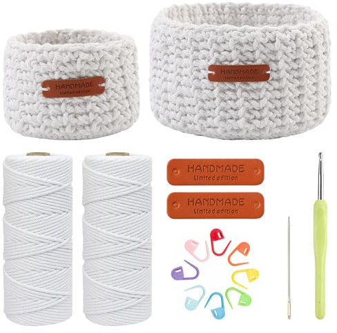 PORFOYO Häkelset für Anfänger, 2 Pcs Rund Körbe Häkeln, DIY Häkelset Tasche mit Häkelnadel 4,5mm, 5mm Dicke Wolle, für Körbe Häkel, Häkeln für Anfänger, Geschenke für Familie und Freunde