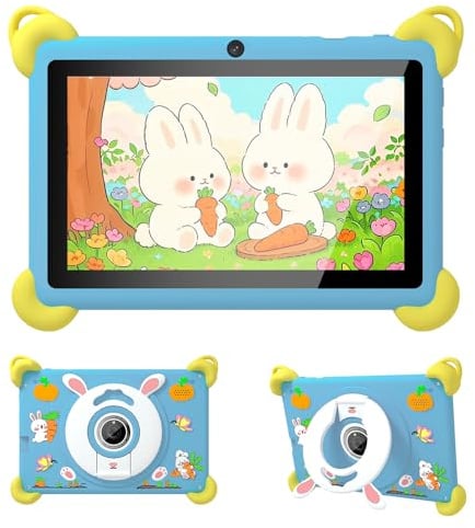 Veidoo 7-inch Android Kids Tablet, 2+32GB, Dual Cameras, Shockproof Case, Rabbit Stand Integrated Design, Detachable Shoulder Strap, Quad-Core Processor, iwawaAPP, Parental Control（Blue）