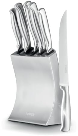 Tower Core 5 Piece Knife Set with Weighted Steel Block, High Grade Polished Stainless Steel, Fine Edge Precision Blades, Ergonomic Handles, Stainless Steel, T81537SS