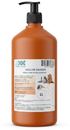 1L Huile de Saumon 100% Naturelle pour Chiens, Chats et Chevaux, Riche en Oméga 3-6-9 et Vitamine (1000ml)