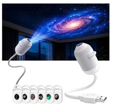 Projecteur holographique HD Intelligent Dynamique 5D, projecteur Galaxie rêve Rotatif 360°, veilleuse Projection Ciel étoilé, branchement Direct, Alimentation USB (6 Films) [Classe énergétique A]