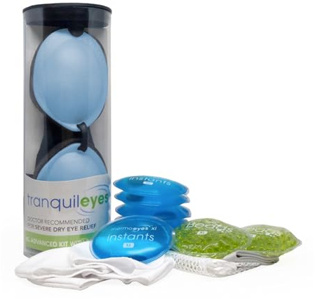 Eco Tranquileyes XL Advanced Warm Compress - Dark Eye Mask for Dry, Irritated Eyes - Help Improve Sleep with Soft Comfort Eye Shade - Microwavable Beads and Self-Heating Instants - Blue