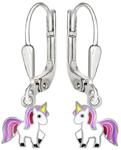 CLEVER SCHMUCK Silberne Kinder Ohrringe als Ohrhänger 23 mm kleines Einhorn 9x8mm bunt lackiert STERLING SILBER 925 für Mädchen im Etui rosa