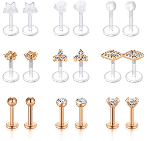 AceFun 16G Forward Helix Knorpel Tragus Ohrstecker Chirurgenstahl und Durchsichtige Acryl Retainer Lippenpiercing Stecker Monore Labret Piercing 6mm 18 Stück