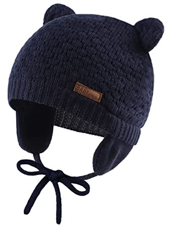 XIAOHAWANG Baby Wintermütze Jungen Mädchen Warmer Strickmützen Weicht Baumwolle-Futter mit Süße Bärenohren Winter Babymütze(Marine, M)