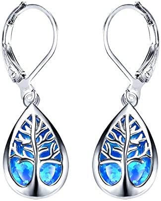 925 Sterling Silver Jewelry Exquisite Water Drop Blue White Fire Opal Life Tree Dangle Earrings For Women