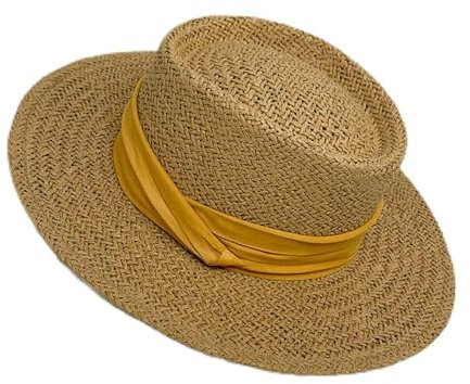 Sonnenhut Strohhut Hut Damen Mode Einfache Damen Breite Krempe Strohhut Damenband Sonnenhut Panama Strandhut-Kaffee_Mit_Gelb