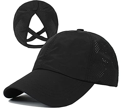HGGE Womens Criss Cross Ponytail Baseball Cap Adjustable High Messy Bun Ponycap Quick Drying Hat, Black, One Size