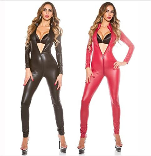 SMGZC Sexy Damen Lange Ärmel Overall Glänzend Leder Latex Catsuit Body Reißverschluss Schritt öffnen Nasser Look Verein Kleidung (2XL,Red)