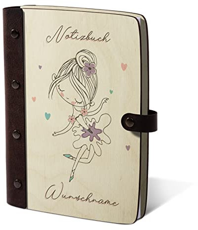 Kartenmachen.de Kinder Notizbuch Tagebuch individuell Birkensperrholz Cover mit UV-Druck mit Echtleder Rücken 72 Blätter | 144 Seiten DIN A5 hoch 158 x 222 mm - Ballerina
