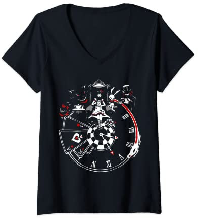 Damen VampireFreaks Wanduhr Alice im Wunderland T-Shirt mit V-Ausschnitt