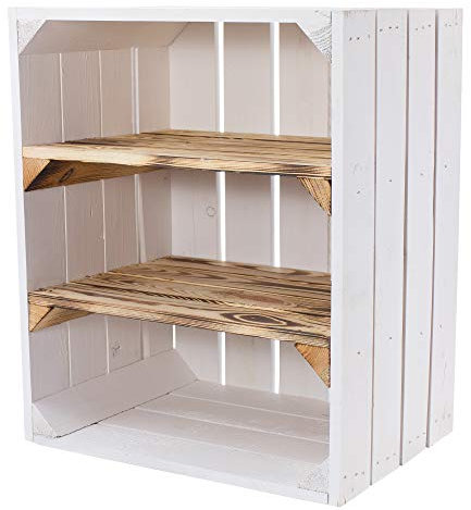 Weiße Kiste für Schuhregal und Bücherregal Zwischenbrett quer - Shabby chic Look - Kistenregal Regalkiste Regal Schuhregalkiste Schuhschrank Obstkistenregal 50x40x30 cm (Apfelkisten Style 2 Quer)