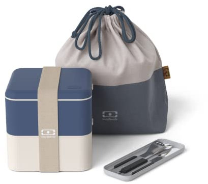 monbento - Set Lunch box Natural - avec Bento Box MB Square à Compartiments Made in France, Set Couverts Inox MB Slim Box, Lunch Bag MB Pochette L - Sans BPA - Durable et Sûr - Bleu