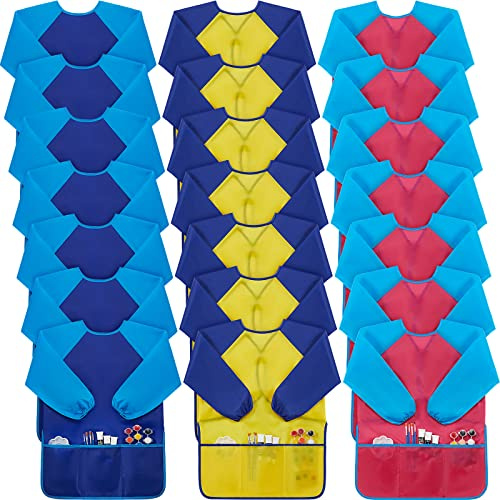 Yahenda 18 Pcs Kids Art Smocks Toddlers Painting Apron Waterproof Artist Smock for Children with Long Sleeve 3 Pockets for 2-8 Years (Rose Red,Dark Blue,Yellow)