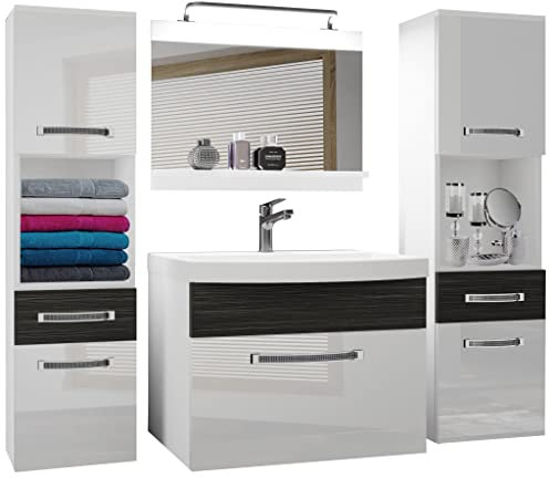 Belini Badezimmer Badmöbel Set Vollausstattung mit Waschbecken Unterschrank Waschtisch Spiegel Lampe Möbel Weiß Königliches Ebenholz Glänzend Matt