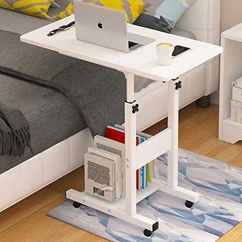 BAKAJI Scrivania Tavolo da Lavoro Porta Pc Computer Altezza Regolabile Tavolino Letto Divano con Piano e Ripiano Inferiore in Legno MDF Struttura Metallo Design Moderno 60 x 40 x 86 cm (Bianco)
