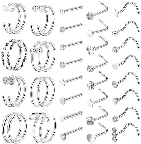 Defrsk 40Pcs Nose Rings for Women 20G Nose Piercing Jewellery for Women Nose Hoop Rings Gift for Girls