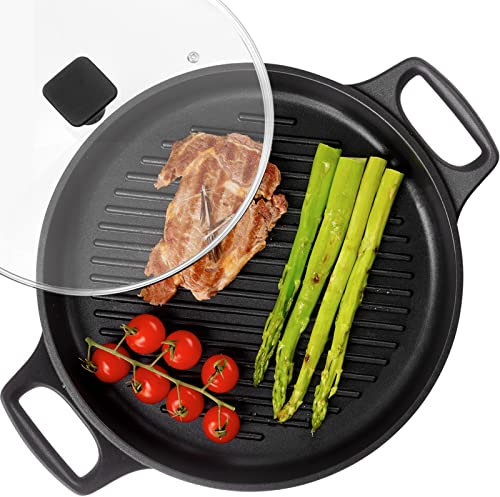 S·KITCHN Cast Aluminum Griddle Pan for Stovetop with Lid-Lighter than Cast Iron Skillet Grill Pan,Griddle Pot Induction Compatible, Nonstick Stove Top Grill-12IN