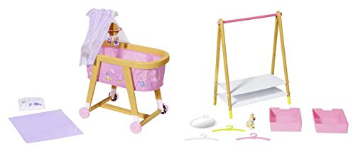 BABY born 829981 Gute Nacht Stubenwagen - Puppen-Stubenwagen in Holzoptik mit rosa Stoffhimmel & Zapf Creation BABY born Kleiderstange - Puppenkleider-Ständer mit Holz-Optik und Zubehör