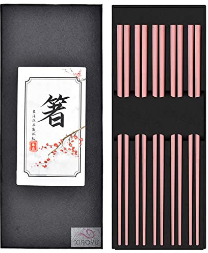 XIAOYU 5 Pairs 304 Stainless Steel Reusable Chopsticks, Square Lightweight Chop Sticks, Dishwasher Safe Metal Chopsticks, 9.25 Inches, Rose Gold