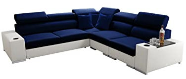 All4All Ecksofa mit Schlaffunktion Seo III - Schlafsofa mit Bettkasten - Sofa L-Form 282x282 cm - Eckcouch - Gewebe mit Kunstleder - verstellbare Kopfstützen - Rechte Seite - Blau/Weiß - Modern 26
