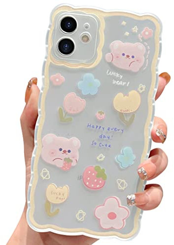 ECZOIL Compatible with iPhone 11 Case Cute Cartoon Floral Bear Pattern Design Women Girls Kawaii Slim Soft TPU Transparent Cover for iPhone 11 6.1 inch-Yellow