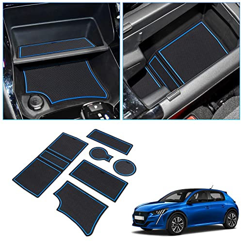 BIXUAN Compatible avec Peugeot 208 e-208 2020-2023 2024 Tapis Antidérapant en Caoutchouc Porte-gobelet, Lance de Commande, Accoudoir de Console Centrale Couture de Porte Boîte de Rangement Bleu