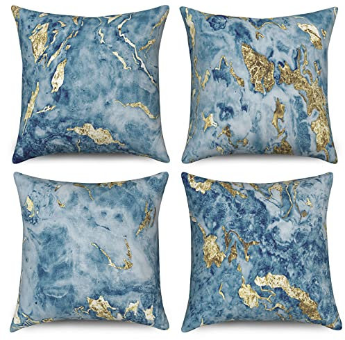 Hnmdmyi Kissenbezug Marmor 40x40 4er Set, Blau Gold Abstrakt Marmor Textur Tinte Dekorative Kissenbezüge Modern Luxus Kunst Leinen Kissenhülle für Sofa Couch Bett Garten Outdoor Home Decor