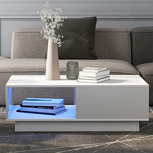 Merax Table Basse avec Plateau en Verre, Table de Salon Moderne avec tiroirs, Table d'appoint multifonctionnelle avec Plusieurs espaces de Rangement, pour Chambre et Bureau, Blanche, 99 x 55 x 32 cm