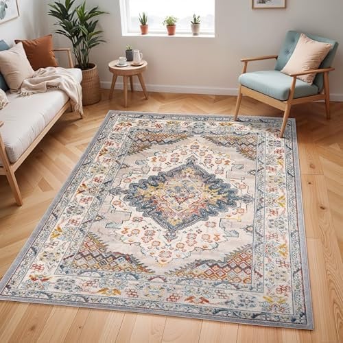 Livabliss Casablanca Vintage Teppich groß - Orientalischer Teppich Wohnzimmer 100x140 cm, Esszimmer, Schlafzimmer - Boho Teppich, Kurzflor Teppich für einfache Pflege - Muster Teppich in Blau, Taupe