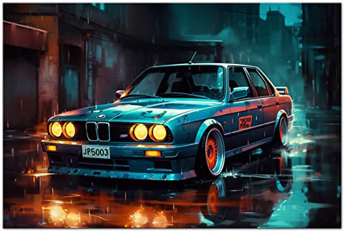 Printonia Leinwand-bild 120x80cm BMW 3 E30 Abstrakt Art Bilder Dekoration Wandbild Kunstdruck Sportwagen Automobil Deko