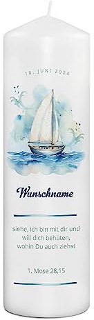 PhotoFancy® - Personalisierte Taufkerze mit eigenem Foto und Namen bedrucken lassen - Tauf-Kerze selbst gestalten - 29 cm Höhe - Design 'Segelboot'