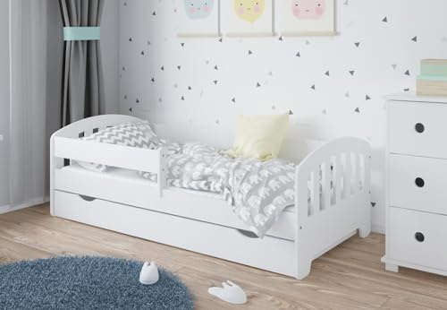 Kids Collective Kinderbett 80x160 | 80x180 | 90x200 cm mit Schublade, Rausfallschutz & Lattenrost in weiß 80x160 cm Mädchen Jungen Bett | von 3. bis 10. Lebensjahr