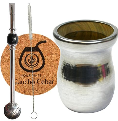 Mate-Tee Accessories Ensemble d'accessoires avec Palo Santo et Bombilla, tasse à thé mate fabriquée à la main, entièrement en métal, revêtue de métal, paille en acier inoxydable Bombilla Bola noire,