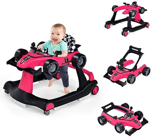GOPLUS 4 in 1 Baby Lauflernhilfe, Lauflernwagen höhenverstellbar mit Licht & Musik, Baby Walker Autoförmig mit Einstellbarer Geschwindigkeit, Gehfrei für Kinder ab 6 Monaten (Rosa 2)