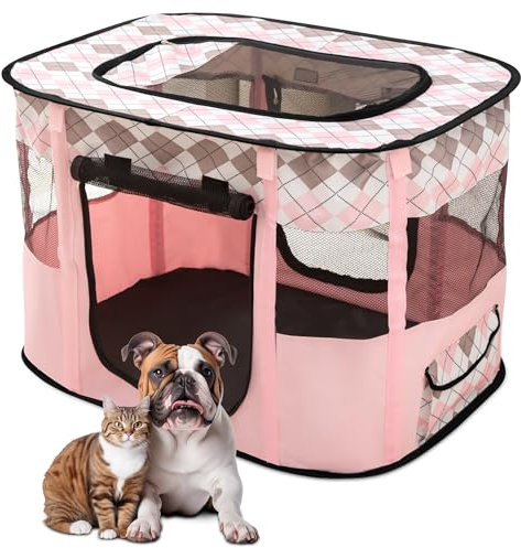 ALLSOPETS Welpenauslauf Faltbarer Laufstall Hund Katze, Tragbarer Welpenlaufstall Hundebox Freigehege mit Tragetasche für Innen, Außen, Reisen und Camping (Rosa Karo, XL)