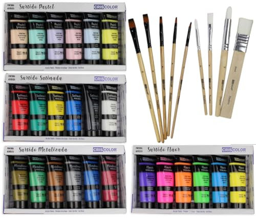 KROWN - Pack Pinturas Acrílicas 24 x 75ml - Surtido de Colores Satinado, Pastel, Metalizado y Fluorescente + Juego de 9 Pinceles. Para trabajo Artístico y Manualidades.