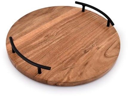 NIRMAN Serviertablett, rundes Serviertablett aus Holz mit Eisengriffen, Display für Vintage-Heimdekoration, Bauernhaus-Küchentheke, Tafelaufsätze (30,5 x 30,5 x 4,4 cm)