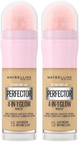 Maybelline New York Instant Anti Age Rewind Perfector, 4-In-1 Primer, Concealer, Highlighter, Self-Adjusting Shades, Evens Skin Tone with a Glow Finish, Shade: 1.5 Light Medium (Pack of 2)