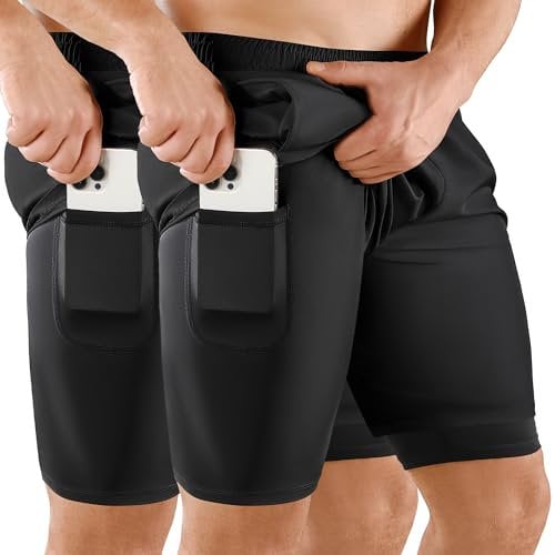 Niksa 2er Pack Herren 2 in 1 Shorts Schnelltrocknende Sporthose Herren Kurz 7 Atmungsaktiv Laufshorts mit Handytasche Sport Shorts, Schwarz, M