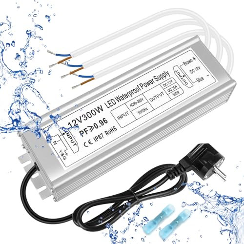 inShareplus LED Trafo 12V 25A 300W IP67 Wasserdichter Outdoor LED Treiber 12V, AC 90-265V zu DC 12 Volt Niederspannungs-Transformator, 12V Netzteil für LED-Licht, Computerprojekt, Außeneinsatz