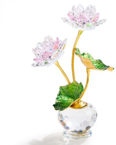 Qianwei Fleur de Lotus Rose en Cristal avec tiges – Décoration en Verre avec vases – Décoration de Bureau – Cadeaux en Cristal pour Maman, Petite Amie, sœur, Patron pour Anniversaire, fête des mères,