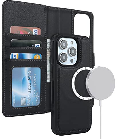 ELTEKER Hülle für iPhone 15 Pro Handyhülle [Abnehmbare Magnetische] [Kabelloses Laden Kompatibel] Klapphülle Lederhülle Schwarz
