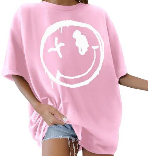 Yuson Girl T-Shirt Femme Oversize à Col Rond Tee Shirt à Manches Courtes D'été Décontracté Tshirt Hauts Grande Taille Coton Tee Shirt Imprimé(Rose, L)