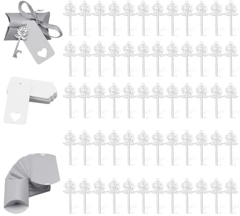 Ruspela Bomboniere Matrimonio, Apribottiglie a forma di chiave, 50 pezzi a forma di rosa, Chiave Apribottiglie Matrimonio, bomboniere, con scatola cuscino, nastro dorato