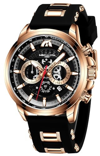 MEGALITH Herren Uhren Chronograph Armbanduhr: Analog Wasserdicht Gummi - Groß Schwarz Quarzur Geschenk fur Männer Roségold-Gehäuse